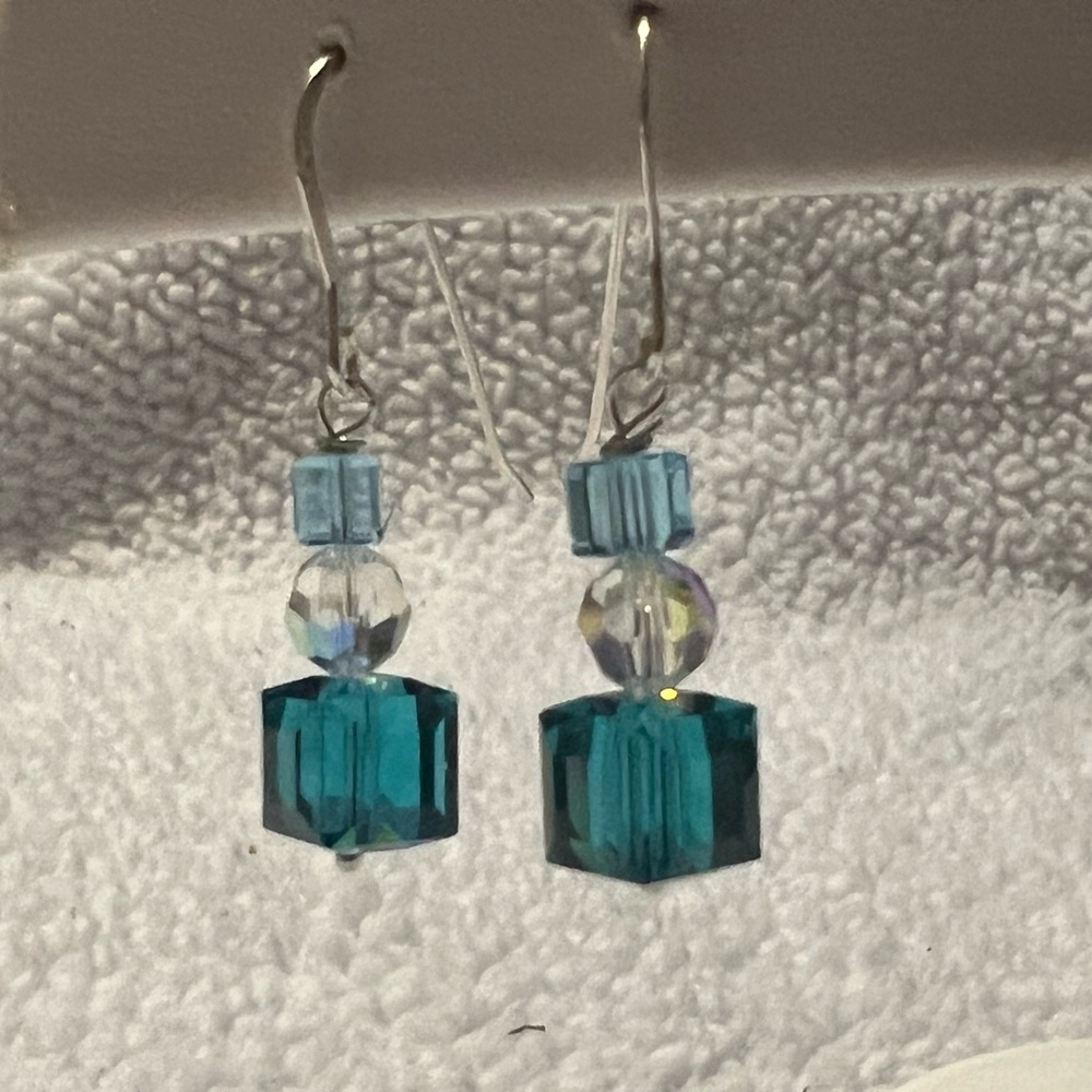 Blue Teal Crystal Cube Drop Earrings